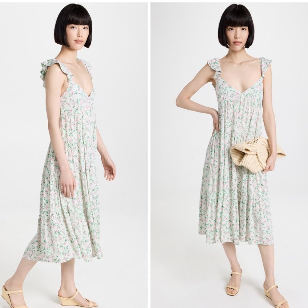 NEW Sokie Collective The Summer Flutter Green Pink Ditsy Floral Midi Dress L